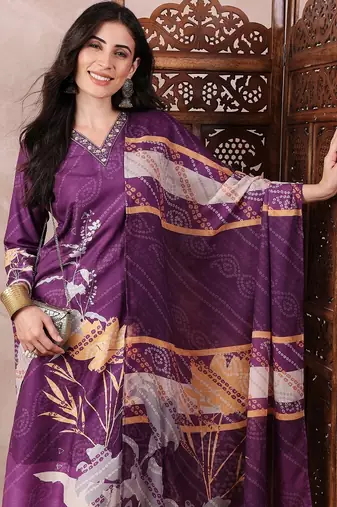 women purple rayon blend floral printed straight kurta trouser with dupatta