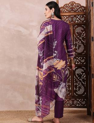 women purple rayon blend floral printed straight kurta trouser with dupatta 4
