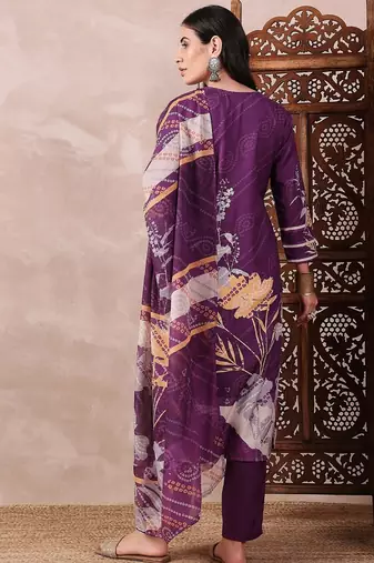 women purple rayon blend floral printed straight kurta trouser with dupatta