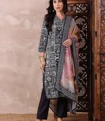 women black rayon blend geometric printed straight kurta trouser with dupatta