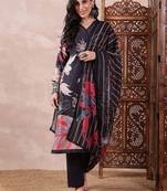 women black rayon blend floral printed straight kurta trouser with dupatta