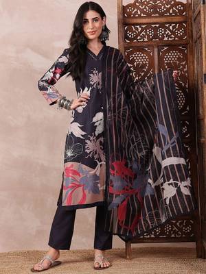women black rayon blend floral printed straight kurta trouser with dupatta 5