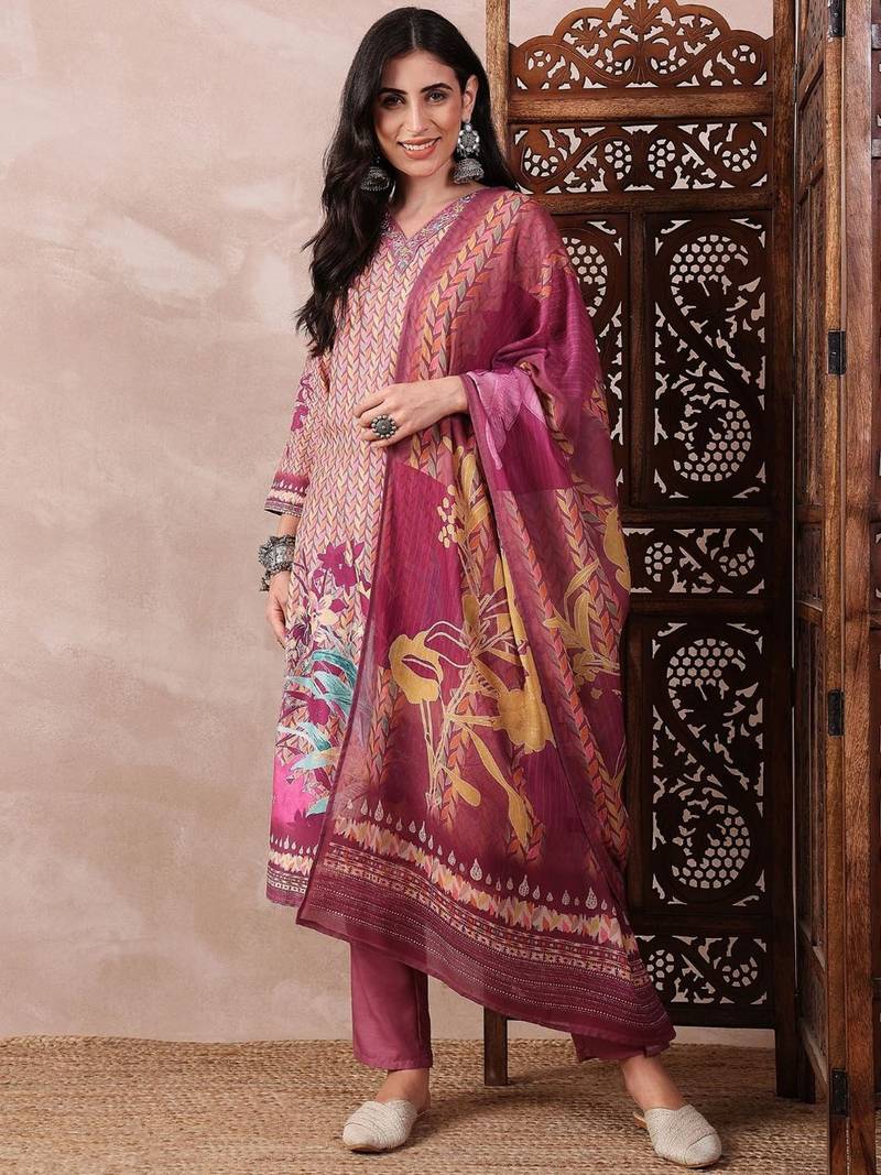 women multi rayon blend floral printed straight kurta trouser with dupatta