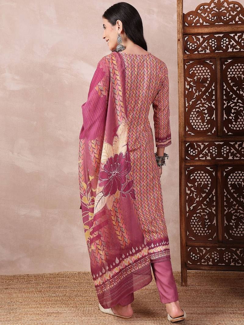 women multi rayon blend floral printed straight kurta trouser with dupatta