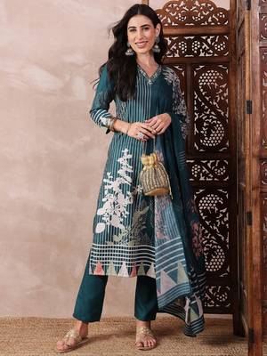 women teal rayon blend abstract printed straight kurta trouser with dupatta 1