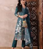 women teal rayon blend abstract printed straight kurta trouser with dupatta