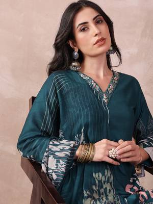 women teal rayon blend abstract printed straight kurta trouser with dupatta 2