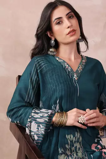 women teal rayon blend abstract printed straight kurta trouser with dupatta