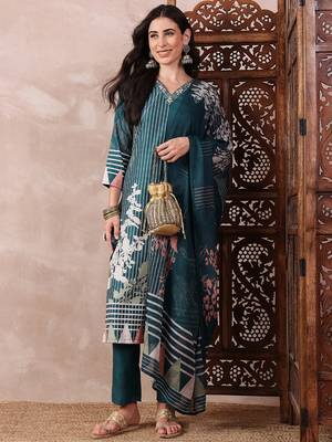 women teal rayon blend abstract printed straight kurta trouser with dupatta 3