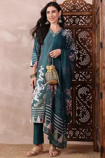 women teal rayon blend abstract printed straight kurta trouser with dupatta