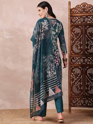 women teal rayon blend abstract printed straight kurta trouser with dupatta 4