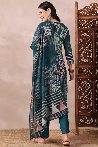 women teal rayon blend abstract printed straight kurta trouser with dupatta