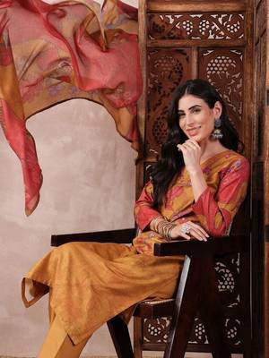 women mustard rayon blend floral printed straight kurta trouser with dupatta 1
