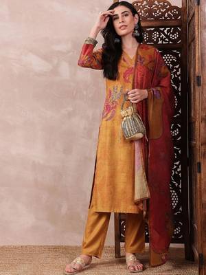 women mustard rayon blend floral printed straight kurta trouser with dupatta 2