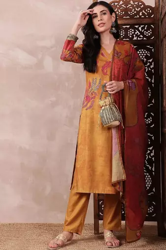 women mustard rayon blend floral printed straight kurta trouser with dupatta