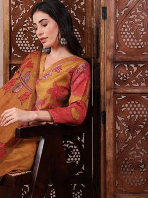 women mustard rayon blend floral printed straight kurta trouser with dupatta 3