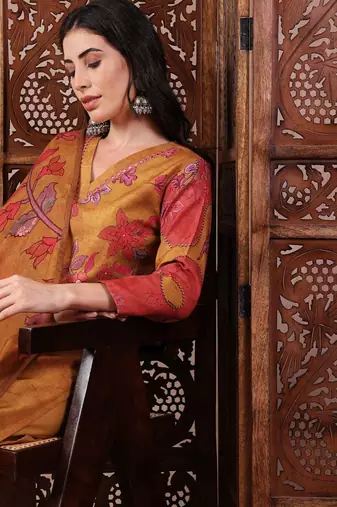 women mustard rayon blend floral printed straight kurta trouser with dupatta