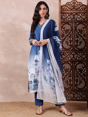 women blue Rayon blend abstract printed straight kurta trouser with dupatta 1