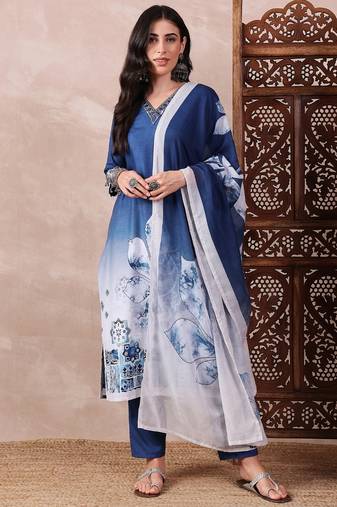 women blue Rayon blend abstract printed straight kurta trouser with dupatta