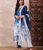 women blue Rayon blend abstract printed straight kurta trouser with dupatta