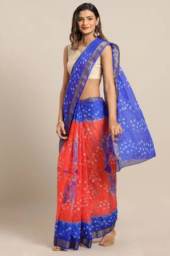Hand Dyed Orange & Blue Bandhani Kota Silk Sustainable Saree
