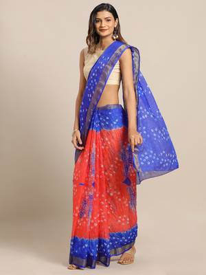 Hand Dyed Orange & Blue Bandhani Kota Silk Sustainable Saree 1