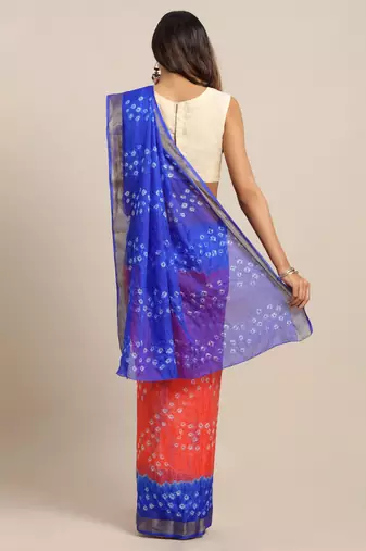Hand Dyed Orange & Blue Bandhani Kota Silk Sustainable Saree