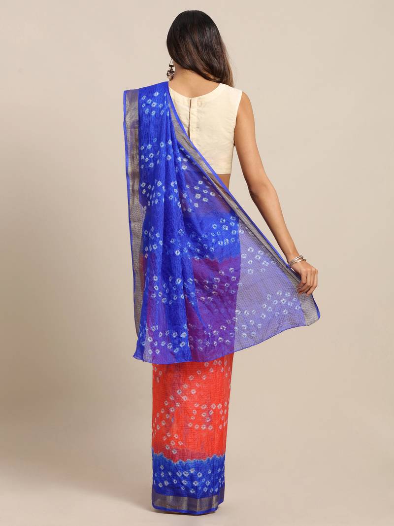 Hand Dyed Orange & Blue Bandhani Kota Silk Sustainable Saree