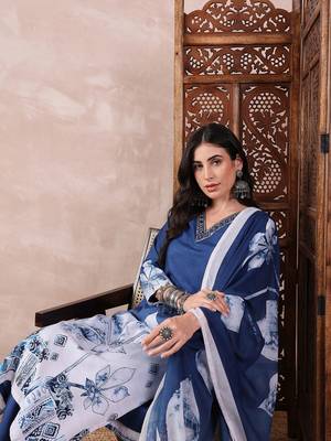 women blue Rayon blend abstract printed straight kurta trouser with dupatta 2