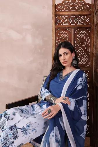 women blue Rayon blend abstract printed straight kurta trouser with dupatta