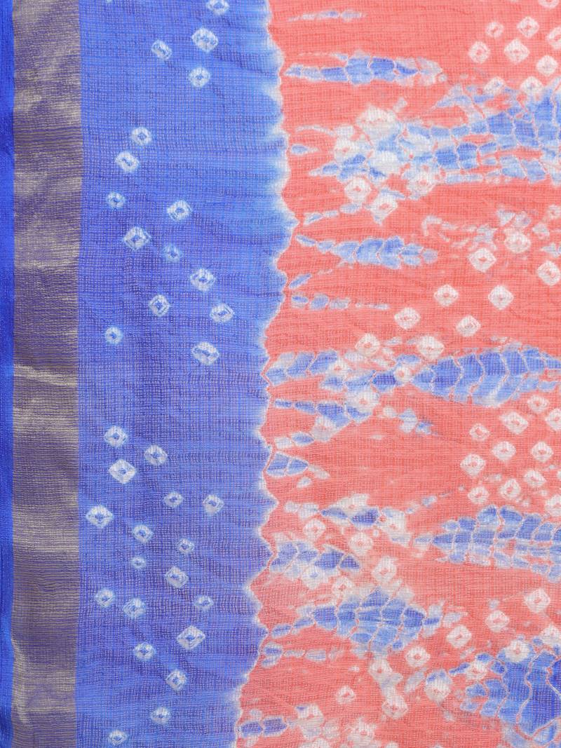 Hand Dyed Orange & Blue Bandhani Kota Silk Sustainable Saree