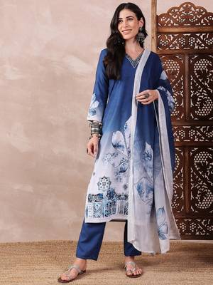 women blue Rayon blend abstract printed straight kurta trouser with dupatta 3