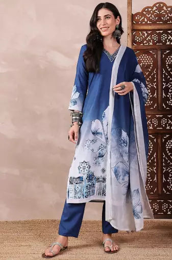 women blue Rayon blend abstract printed straight kurta trouser with dupatta