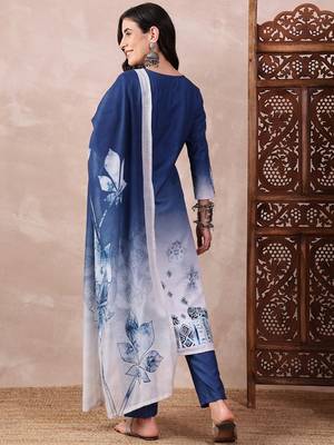 women blue Rayon blend abstract printed straight kurta trouser with dupatta 4