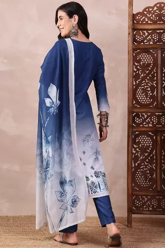 women blue Rayon blend abstract printed straight kurta trouser with dupatta