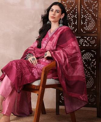 women pink rayon blend ethnic motifs printed straight kurta trouser with dupatta 1