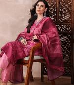 women pink rayon blend ethnic motifs printed straight kurta trouser with dupatta