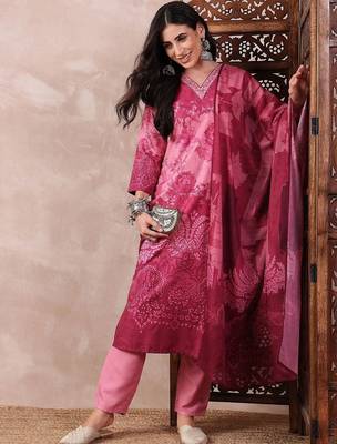 women pink rayon blend ethnic motifs printed straight kurta trouser with dupatta 2
