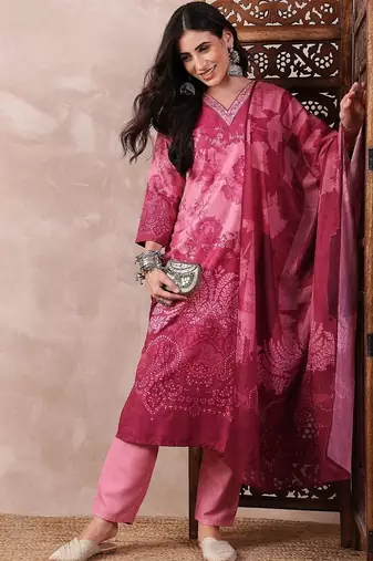 women pink rayon blend ethnic motifs printed straight kurta trouser with dupatta