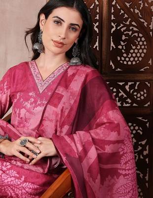 women pink rayon blend ethnic motifs printed straight kurta trouser with dupatta 3