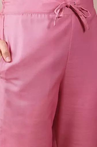 women pink rayon blend ethnic motifs printed straight kurta trouser with dupatta