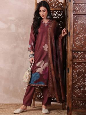 women brown rayon blend floral printed straight kurta trouser with dupatta 1