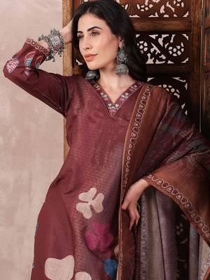 women brown rayon blend floral printed straight kurta trouser with dupatta 2