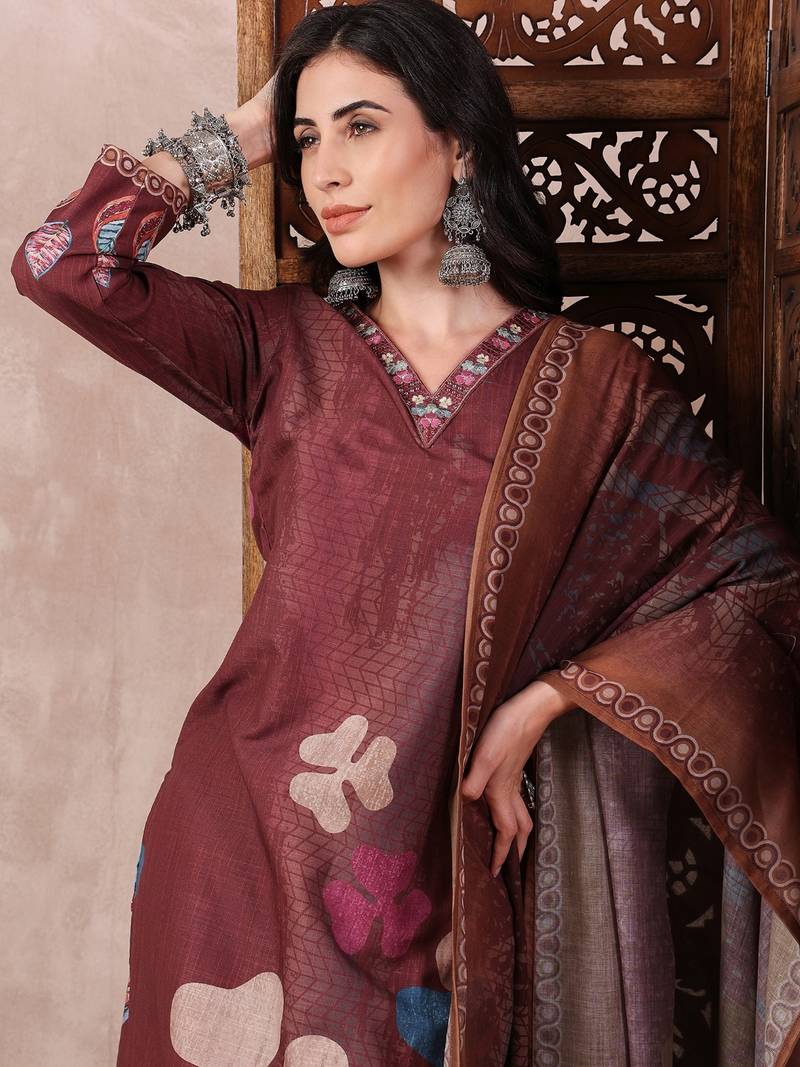 women brown rayon blend floral printed straight kurta trouser with dupatta