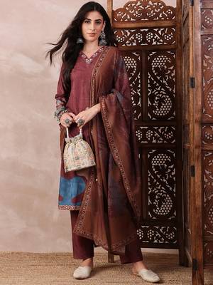 women brown rayon blend floral printed straight kurta trouser with dupatta 3