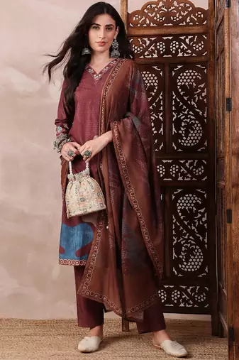 women brown rayon blend floral printed straight kurta trouser with dupatta