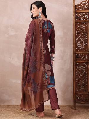 women brown rayon blend floral printed straight kurta trouser with dupatta 4
