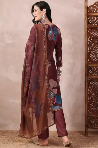 women brown rayon blend floral printed straight kurta trouser with dupatta