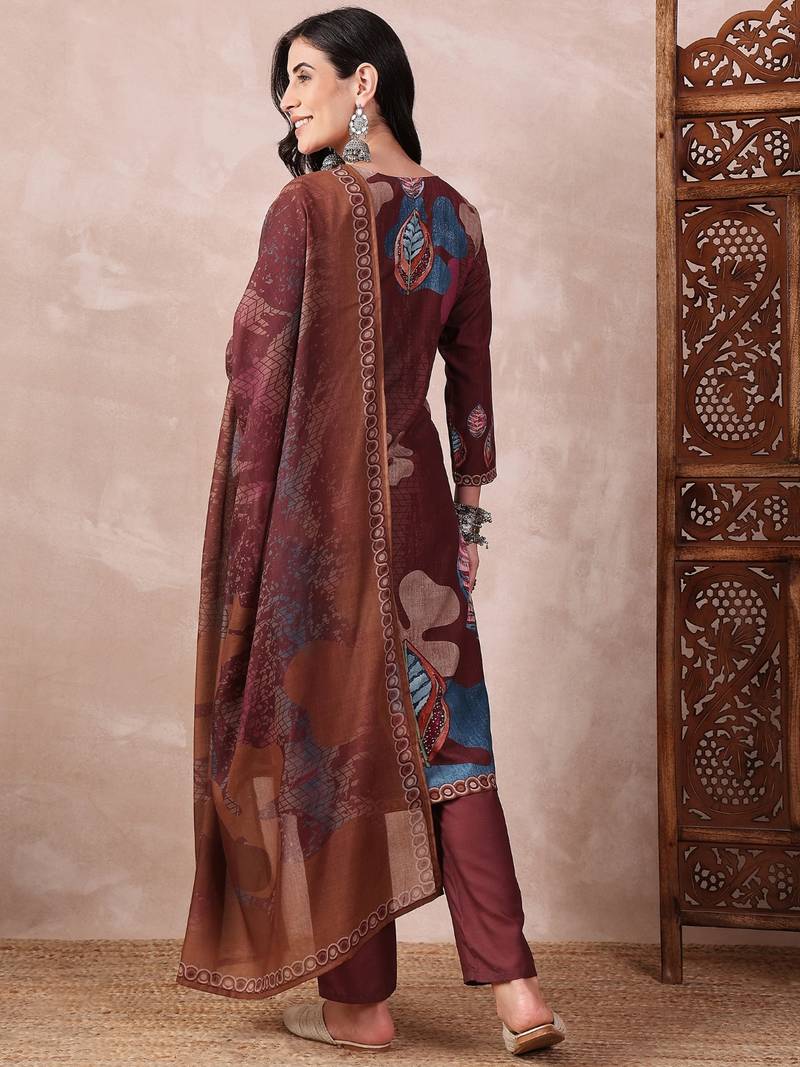 women brown rayon blend floral printed straight kurta trouser with dupatta