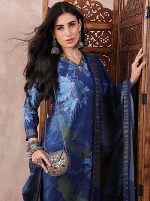 women blue rayon blend floral printed straight kurta trouser with dupatta 1